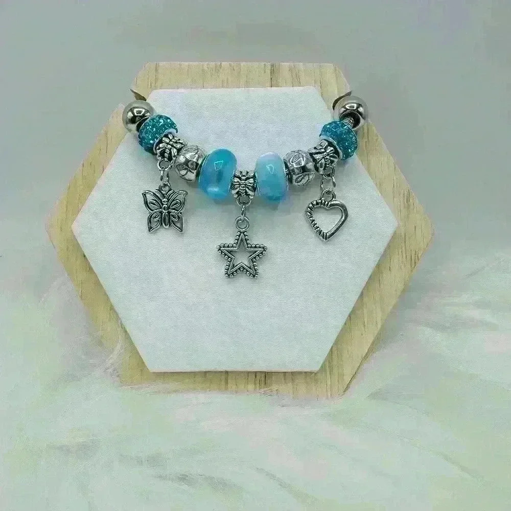Cute Bracelet With Butterfly & Star Charms Blue